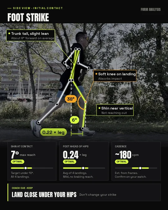 Side view at foot contact with a tracked skeleton. Shin about 6 degrees from vertical, knee bent about 38 degrees, foot landing 0.22 leg lengths ahead of the hips. Cadence about 180 steps per minute.