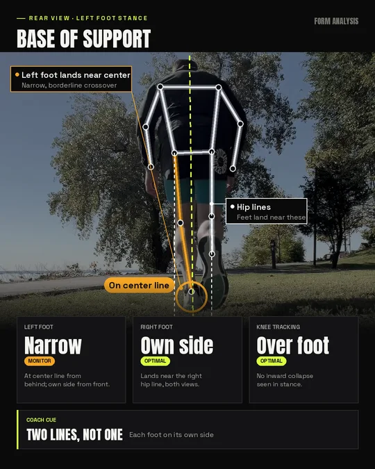 Rear view during left foot stance. Left foot lands near the center line, right foot lands on its own side, knee tracks over the foot.